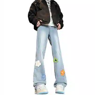 【3D立体线绒刺绣】布客行 美式高街微喇修身显高显腿长潮牌花卉休闲百搭长裤子复古水洗做旧文艺风通勤弯刀弹力牛仔裤 男女同款