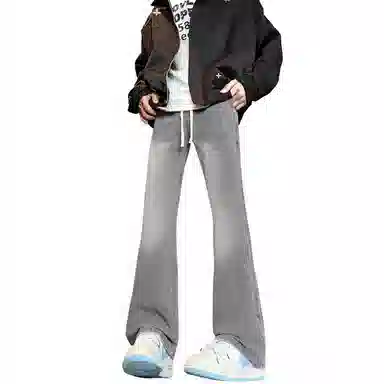 【巴黎柳叶弯刀裤】布客行 美式复古水洗直筒基础款高街舒适亲肤透气休闲百搭微喇纯色长裤显高显瘦显腿长弹力抽绳松紧腰牛仔裤 男女同款