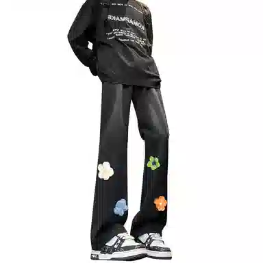 【3D立体线绒刺绣】布客行 美式高街微喇修身显高显腿长潮牌花卉休闲百搭长裤子复古水洗做旧文艺风通勤弯刀弹力牛仔裤 男女同款