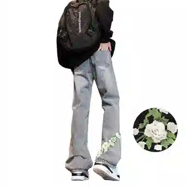 【万针刺绣3D立体浮雕】布客行 显腿长显高显瘦重工美式复古水洗直筒花卉透气高街舒适亲肤休闲百搭微喇长裤文艺风基础款牛仔裤 男女同款