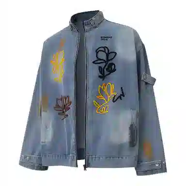 半空山 美式复古高街花卉贴布毛巾刺绣原宿风个性小众设计感潮流时尚百搭宽松舒适半高棒球领牛仔外套 男女同款