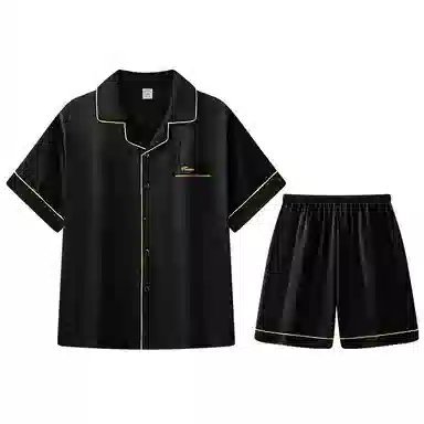 兰缪 简约凉感休闲可外穿短袖翻领上衣松紧腰短裤睡衣套装 男款 高级黑