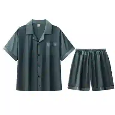 兰缪 简约凉感休闲可外穿短袖翻领上衣松紧腰短裤睡衣套装 男款 高级黑
