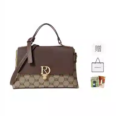 红蜻蜓 经典复古拼接简约高级感 字母小众设计百搭 织物 女包手提斜挎单肩包 春夏季 中号 女款 咖啡色/棕色