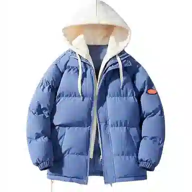 基础款纯色假两件加绒加厚保暖休闲短款连帽棉衣外套棉服 男款