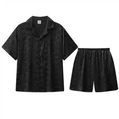 兰缪 简约凉感休闲可外穿短袖翻领上衣松紧腰短裤睡衣套装 男款 高级黑