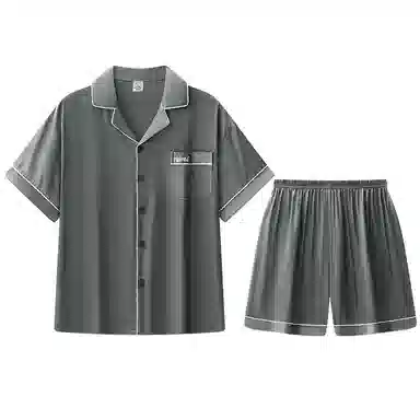兰缪 简约凉感休闲可外穿短袖翻领上衣松紧腰短裤睡衣套装 男款 高级黑