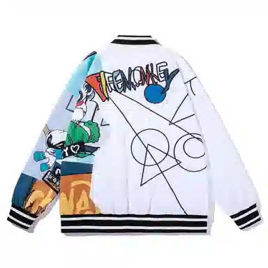 FireMonkey Geometric Cartoon Print Baseball Jacket White
