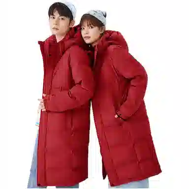 鸭鸭 纯色中长款连帽拉链保暖休闲羽绒服 男女同款