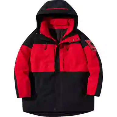 鸭鸭 拼接撞色中长款连帽滴塑标设计休闲宽松工装加厚保暖羽绒服 男款