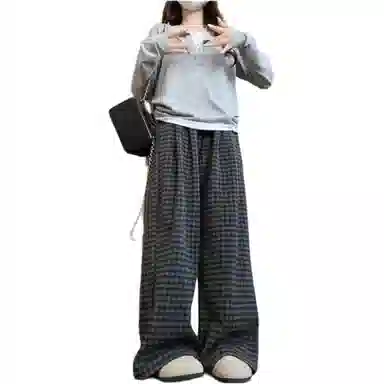 欧迪芬 甜妹灰色格雷系撞色毛呢加绒遮肉阔腿裤韩式慵懒风复古格子裤女生秋季运动直筒卫裤弯刀长裤女士垂感显瘦垂感高腰直筒休闲裤 女款