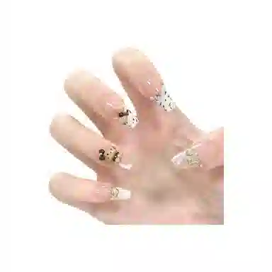 柚予颜 手工穿戴甲黑皮猫咪甜酷风豹纹卡通法式猫眼可爱美甲  梯型裸色跳色 纯欲