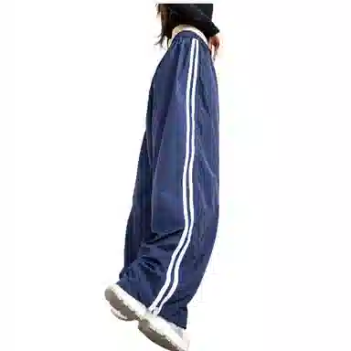 木清清 夏季侧边条纹薄款高腰宽松冰丝速干美式直筒阔腿休闲裤 女款