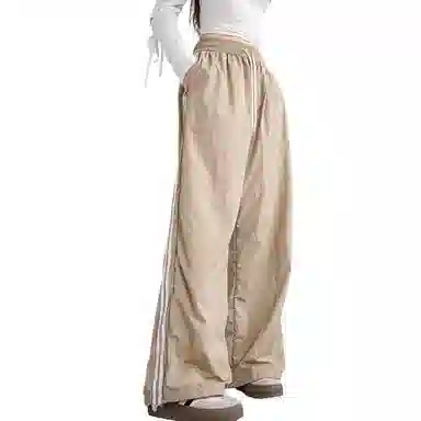 木清清 夏季侧边条纹薄款高腰宽松冰丝速干美式直筒阔腿休闲裤 女款