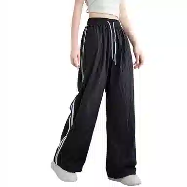 木清清 夏季侧边条纹薄款高腰宽松冰丝速干美式直筒阔腿休闲裤 女款