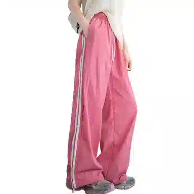 木清清 夏季侧边条纹薄款高腰宽松冰丝速干美式直筒阔腿休闲裤 女款