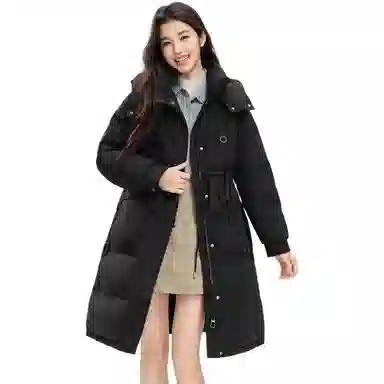 鸭鸭 纯色连帽加厚中长款通勤收腰韩系修身羽绒服 女款