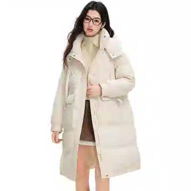 鸭鸭 纯色连帽加厚中长款通勤收腰韩系修身羽绒服 女款