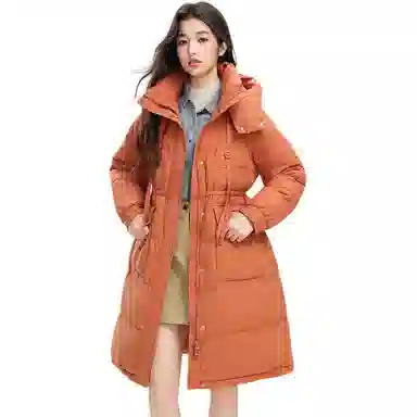 鸭鸭 纯色连帽加厚中长款通勤收腰韩系修身羽绒服 女款