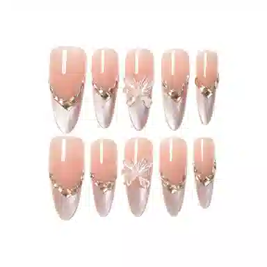 柚予颜 蝴蝶法式猫眼温柔气质镶钻穿戴甲  杏仁裸粉色渐变 纯欲