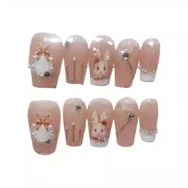 几多萌 穿戴甲假指甲贴片兔子美甲洛可可兔可拆卸  短梯粉色腮红晕染