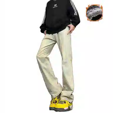 八哥 美式高街简约基础款水洗做旧宽松直筒高腰系带休闲百搭弹力垂感日常通勤牛仔裤 男女同款