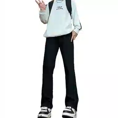 八哥 美式高街简约基础款水洗做旧宽松直筒高腰系带休闲百搭弹力垂感日常通勤牛仔裤 男女同款