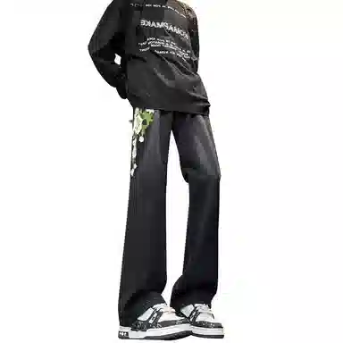 【万针刺绣3D立体浮雕】布客行 显腿长显高显瘦重工美式复古水洗直筒基础款文艺风花卉透气高街舒适亲肤休闲百搭微喇长裤牛仔裤 男女同款