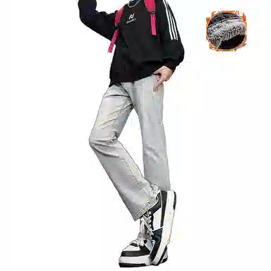 八哥 美式高街简约基础款水洗做旧宽松直筒高腰系带休闲百搭弹力垂感日常通勤牛仔裤 男女同款