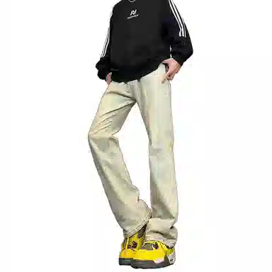 八哥 美式高街简约基础款水洗做旧宽松直筒高腰系带休闲百搭弹力垂感日常通勤牛仔裤 男女同款