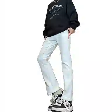 八哥 美式高街简约基础款水洗做旧宽松直筒高腰系带休闲百搭弹力垂感日常通勤牛仔裤 男女同款