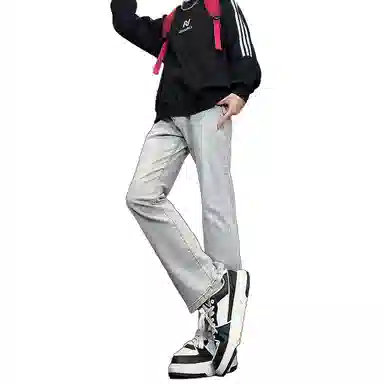 八哥 美式高街简约基础款水洗做旧宽松直筒高腰系带休闲百搭弹力垂感日常通勤牛仔裤 男女同款