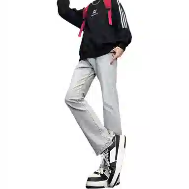 八哥 美式高街简约基础款水洗做旧宽松直筒高腰系带休闲百搭弹力垂感日常通勤牛仔裤 男女同款