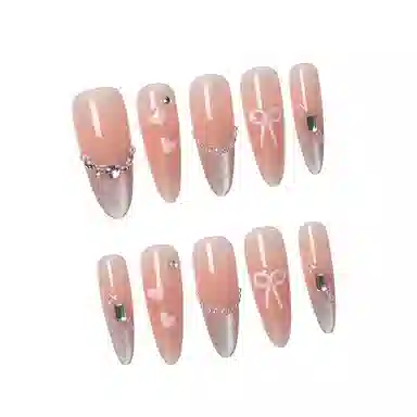 柚予颜 法式猫眼渐变极光手绘爱心蝴蝶结穿戴甲  杏仁粉色晕染 纯欲