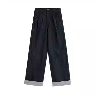 茵曼 条纹翻边宽松阔腿长款牛仔裤 女款