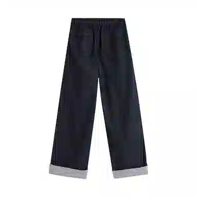 茵曼 条纹翻边宽松阔腿长款牛仔裤 女款