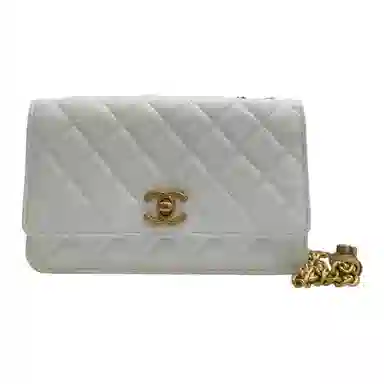 CHANEL WOC Small Gold Ball Chain Shoulder Quilted Lambskin Wallet Bag White