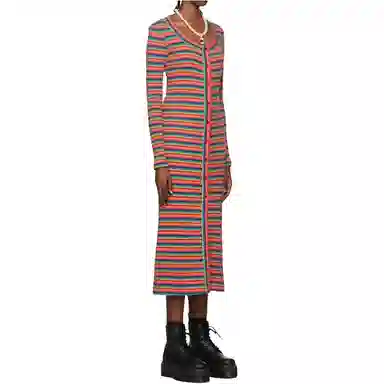 安娜苏 条纹长款长袖连衣裙 女款 红色