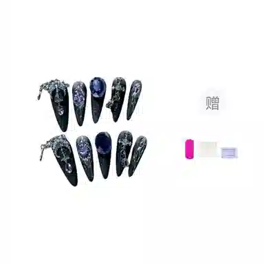 熙比 纯手工穿戴甲 聆晚异国风情轻奢爆闪气质神秘系美甲  杏仁黑蓝跳色