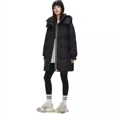 鸭鸭 纯色基础款中长款时尚百搭连帽保暖休闲宽松外套羽绒服 女款