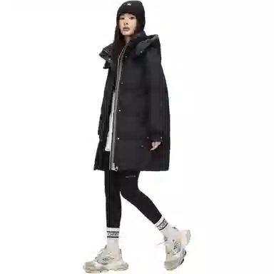 鸭鸭 纯色基础款中长款时尚百搭连帽保暖休闲宽松外套羽绒服 女款