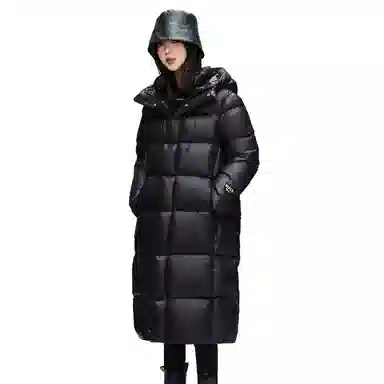 鸭鸭 黑金标奢金保暖加厚纯色过膝连帽防寒羽绒服 男女同款 黑色