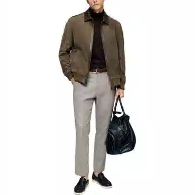 丹宁哲学 高端反绒绵羊皮纯色长袖翻领直筒型皮衣 男款