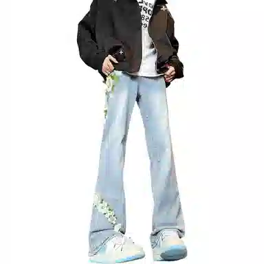 【万针刺绣3D立体浮雕】布客行 显腿长显高显瘦重工美式高街复古水洗直筒基础款花卉透气舒适亲肤休闲百搭微喇长裤牛仔裤 男女同款