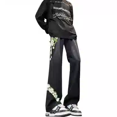 【万针刺绣3D立体浮雕】布客行 显腿长显高显瘦重工美式高街复古水洗直筒基础款花卉透气舒适亲肤休闲百搭微喇长裤牛仔裤 男女同款