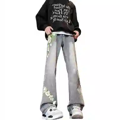 【万针刺绣3D立体浮雕】布客行 显腿长显高显瘦重工美式高街复古水洗直筒基础款花卉透气舒适亲肤休闲百搭微喇长裤牛仔裤 男女同款