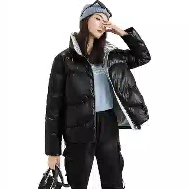 鸭鸭 免洗亮面时尚立领短款羽绒服 女款 黑色