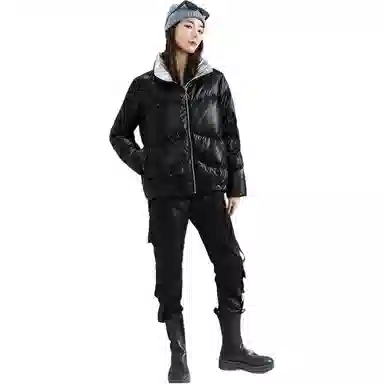 鸭鸭 免洗亮面时尚立领短款羽绒服 女款 黑色