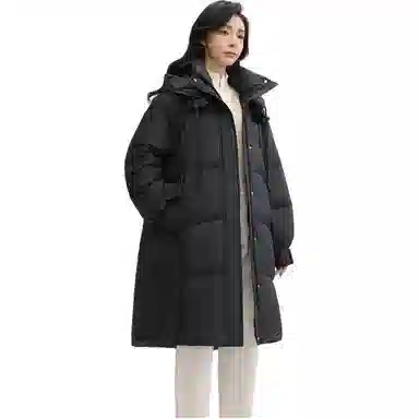 鸭鸭 高端中长款过膝面包服连帽羽绒服 女款
