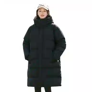 鸭鸭 美式复古基础款纯色户外运动舒适柔软防水无性别宽松休闲百搭高街轻便中长保暖防寒连帽羽绒服 男女同款 黑色